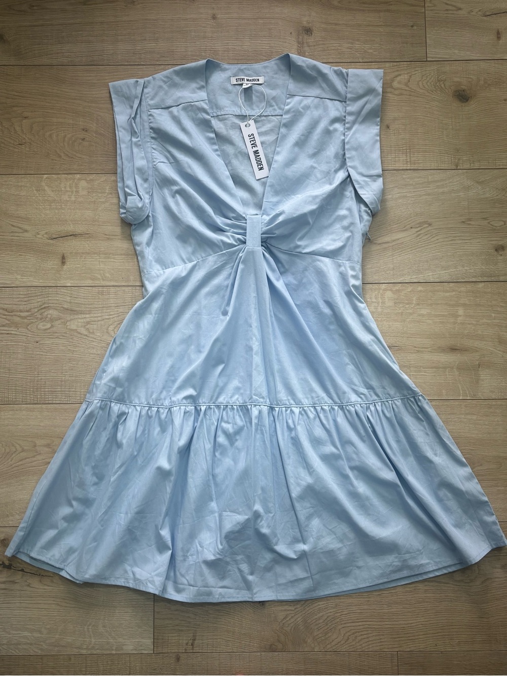 NWT Steve Madden Blue Cotton Mini Dress Blue Size L V Neck Poplin Dress